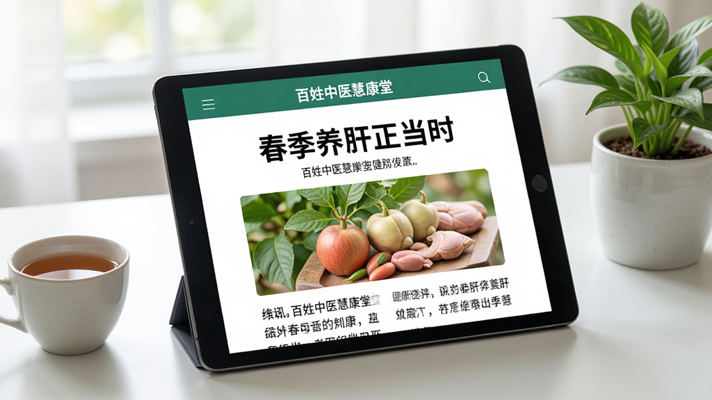 画面主体是一本翻开的电子书或平板电脑,屏幕上显示百姓中医慧康堂的健康资讯页面,标题为“春季养肝正当时”,下方有文章配图。布局为居中展示,平板电脑斜放。排版清晰,风格为阅读类界面。细节上,屏幕文字清晰可辨,旁边有一杯茶和一盆绿植,氛围宁静。画质高清,干净,无多余元素。