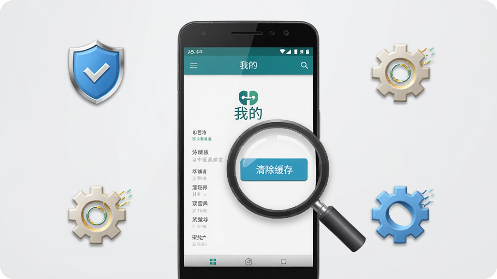 画面主体是一部安卓手机,屏幕上显示百姓中医慧康堂的“我的”页面,旁边有一个放大镜图标聚焦在“清除缓存”按钮上,周围有盾牌和齿轮图标。布局为手机居中,辅助图标环绕。排版简洁,风格为教程指引风。细节上,手机界面清晰,图标有轻微立体感,背景为浅灰色。画质高清,干净,无多余元素。