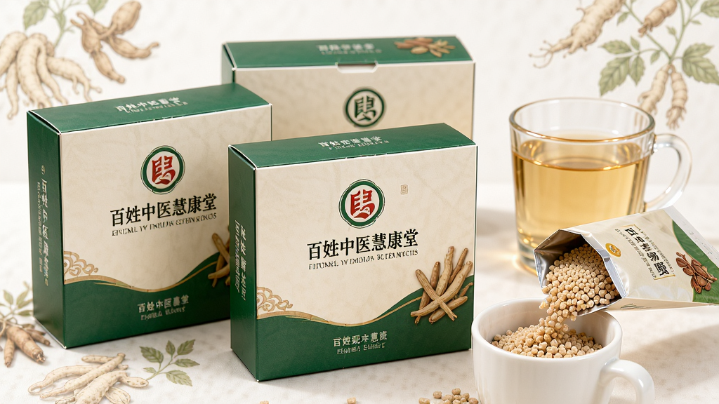 画面主体是几盒包装精美的中药配方颗粒,盒子上印有百姓中医慧康堂的标志。旁边放着一杯温水和一个撕开的颗粒袋,颗粒倒入杯中。布局为静物特写,主体居中。排版简洁,风格为产品展示风。细节上,颗粒细腻均匀,包装盒质感良好,背景有淡淡的中草药图案。画质高清,干净,无多余元素。