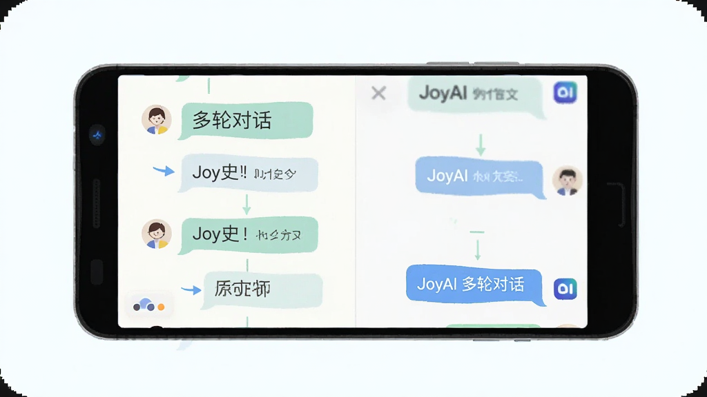 一部安卓手机屏幕中展示JoyAI多轮对话界面,主体为手机正面视图,布局采用左右分栏展示对话历史与当前会话,排版突出连续问答气泡,风格为清新浅色UI插画,细节包括对话箭头、上下文连接线、用户头像与AI图标,画面中标注文字“JoyAI”和“多轮对话”,画质干净清晰,无多余元素