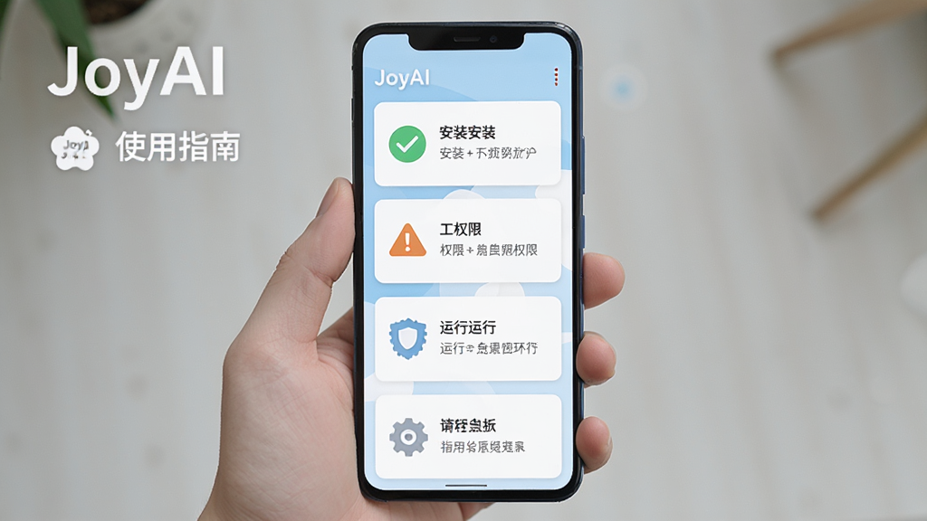 一部安卓手机展示JoyAI使用指南界面,主体为手机竖屏,布局采用从上到下的步骤说明卡片,排版清晰标注安装、权限、运行等环节,风格为清爽浅色教程插画,细节包括勾选图标、警告标志、齿轮设置图标,画面中标注文字“JoyAI”和“使用指南”,画质干净清晰,无多余元素