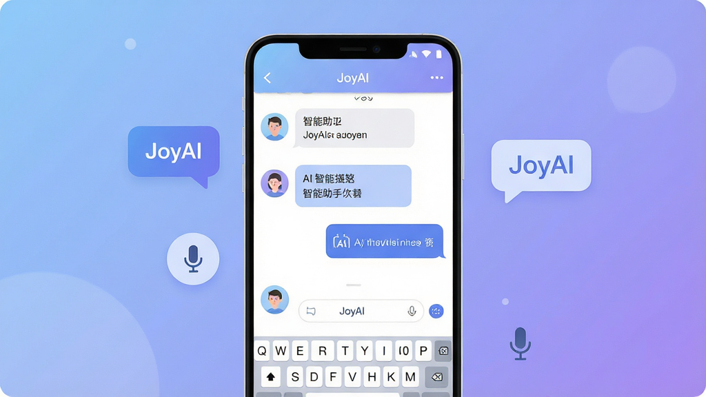 一幅展示智能手机屏幕中运行JoyAI智能对话助手的场景图,主体为一部竖屏安卓手机居中放置,屏幕内呈现聊天对话界面,包含用户提问与AI回答气泡,布局采用中心对称构图,排版简洁清晰,风格为现代科技感扁平插画,细节包括柔和的蓝紫渐变背景、悬浮的对话气泡图标、小型麦克风与键盘元素点缀,画面中文字标注“JoyAI”和“智能助手”,画质清晰干净,无多余元素