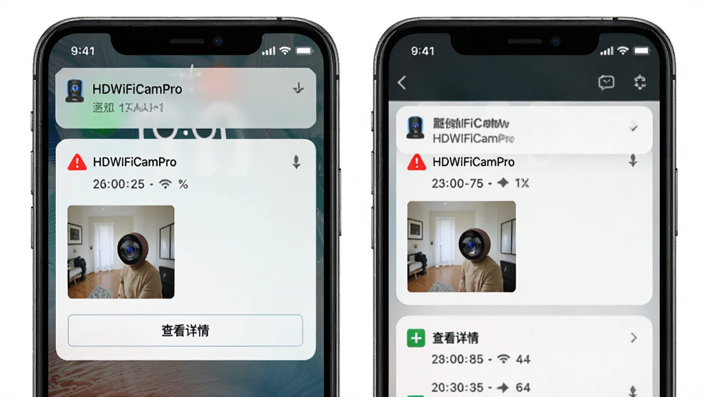 主体为HDWiFiCamPro移动侦测报警通知界面,布局采用手机锁屏通知与软件内消息列表双展示,排版上软件名称