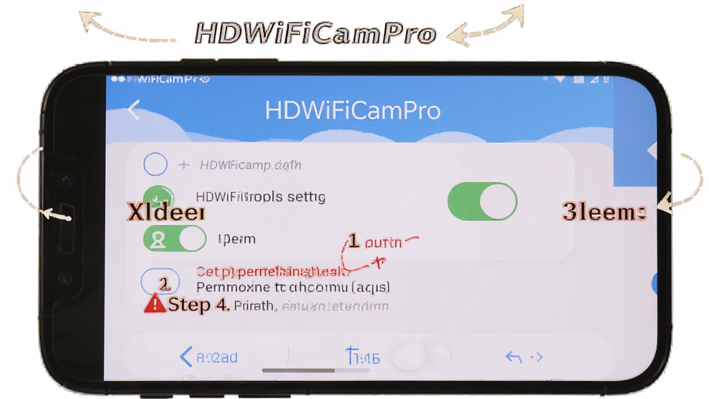 主体为手机屏幕展示HDWiFiCamPro安装权限设置引导页面,布局采用手机界面截图加箭头标注说明,排版上软件名称