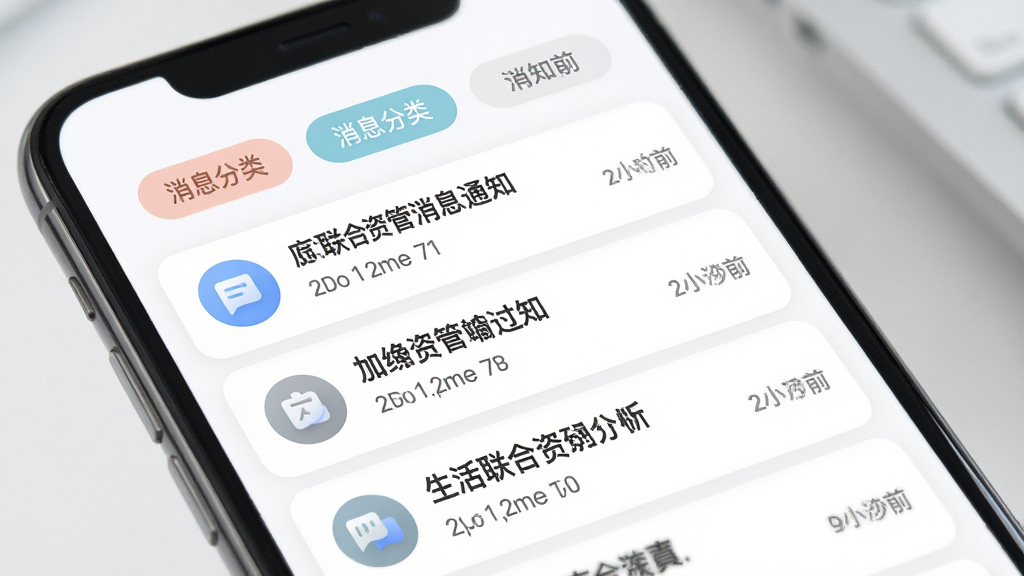 ���������ʹ���Ϣ֪ͨ���棬�ֻ���Ļ����ʾ֪ͨ�б���ÿ��֪ͨ����ͼ�ꡢ���⡢ʱ�������������Ϣ�����ǩ����ɫ��ͣ�������ɫ�������ˬ�����ʸ��壬�޶���Ԫ��
