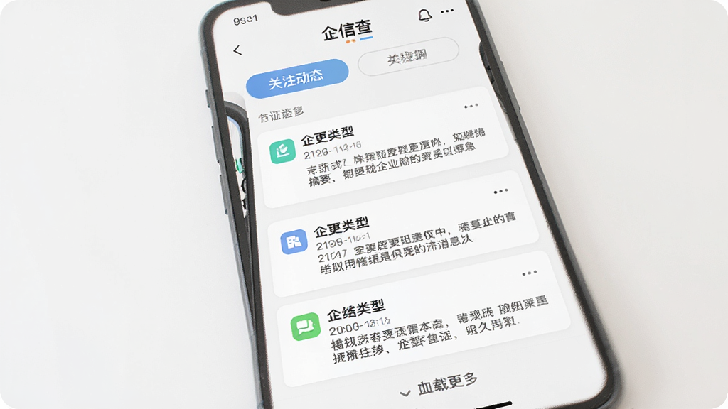 手机界面展示“企信查”的关注动态页面,主体为按时间排列的企业变更消息流,布局为顶部筛选标签、中部消息卡片、底部加载更多,排版整洁,风格为轻量资讯风,细节包括变更类型图标、时间、摘要文字,画质高清,干净,无多余元素