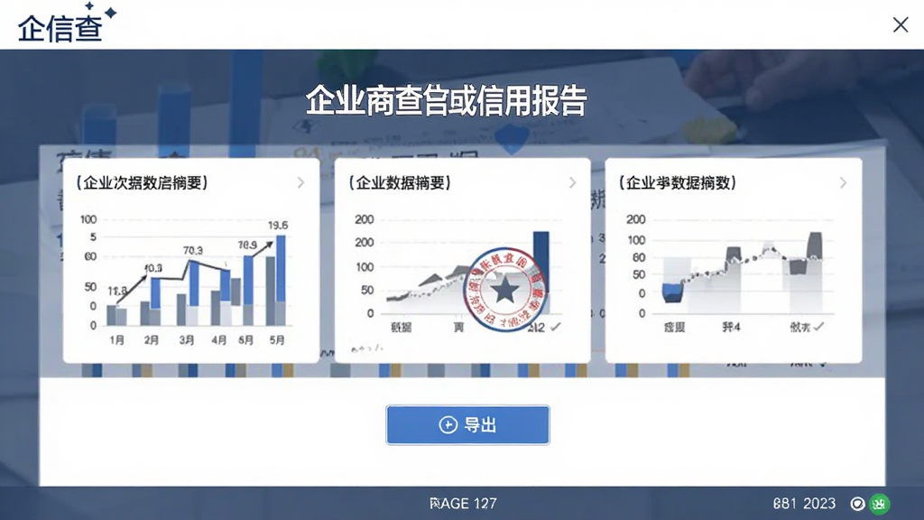 “企信查”应用生成企业信用报告的界面,主体为一份报告预览页面,布局为顶部报告标题、中部数据摘要卡片、底部导出按钮,排版正式,风格为商务文档风,细节包括图表、印章图标、页码,画质高清,干净,无多余元素