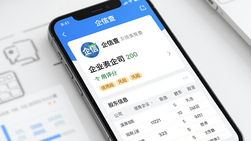 手机屏幕中展示“企信查”应用的企业详情页面,主体为一家公司的信息卡片,布局从上到下依次为企徽、企业名称、信用评分、风险标签、股东信息表格,排版层次分明,风格为清爽商务风,细节包括数据图表和图标,画质高清,干净,无多余元素
