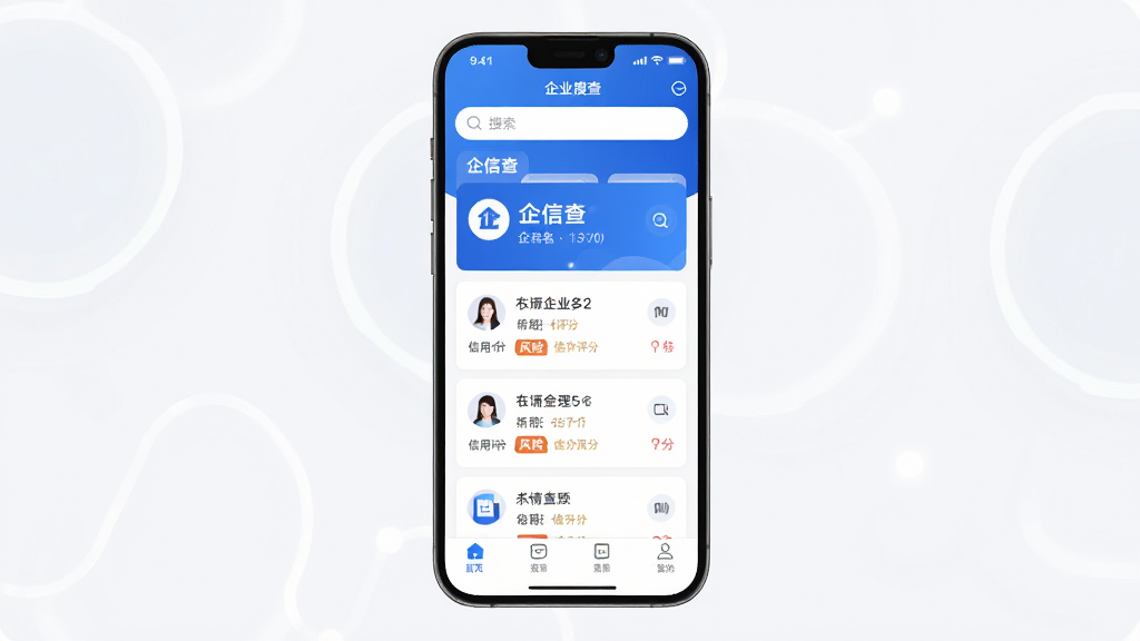 一款名为“企信查”的手机应用界面,主体为蓝白配色的企业信息查询页面,布局为顶部搜索框、中部企业卡片列表、底部导航栏,排版整齐清晰,风格为现代简约科技风,细节包括企业名称、信用评分、风险标签等元素,画质高清,干净,无多余元素