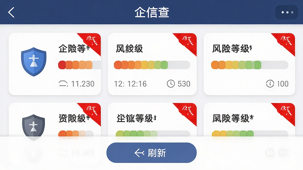 名为“企信查”的APP界面,主体为风险监控列表页面,布局为顶部标题栏、中部企业风险卡片带红色警示标签、底部刷新按钮,排版紧凑,风格为安全警示风,细节包括盾牌图标、风险等级条、时间戳,画质高清,干净,无多余元素
