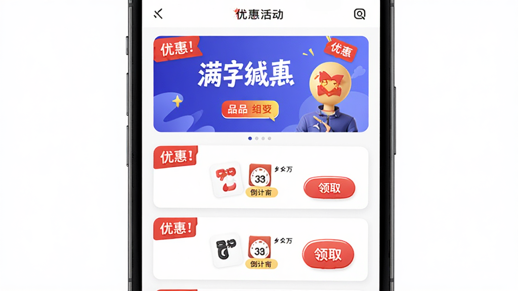 ��ƷAPP�Żݻҳ�棬����Ϊ�ֻ���Ļչʾ����������Ż�ȯ�б�������Ϊ����Ƭ���У��Ű���ã���������ǿ��ϸ�ڰ�����ɫ�Żݱ�ǩ������ʱ����ȡ��ť�����ʸ��壬�ɾ����޶���Ԫ��