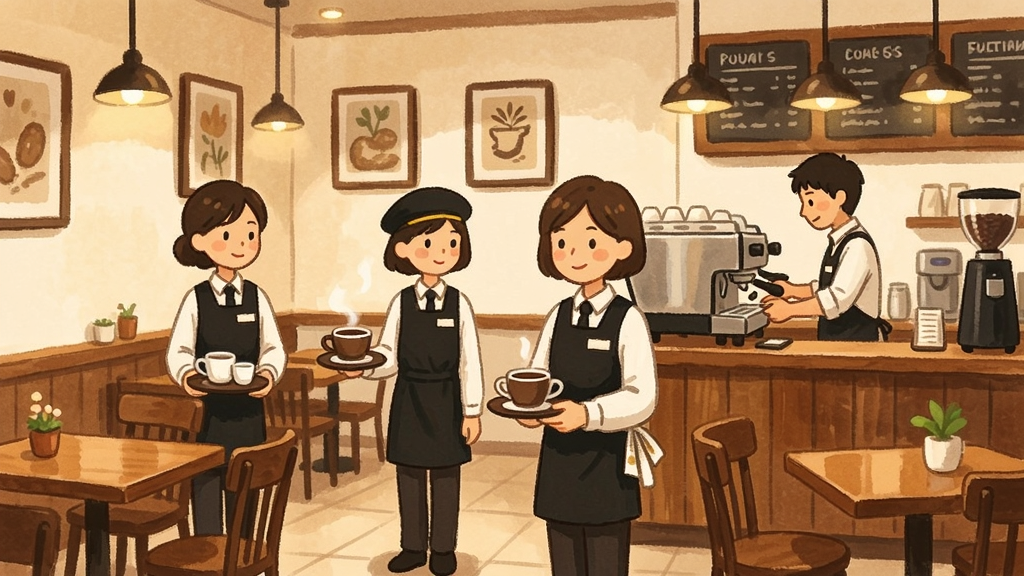 一幅展示咖啡厅员工团队和装修风格的插画,画面中有穿着制服的服务员在端送咖啡,咖啡师在吧台后操作咖啡机,背景是风格典雅的咖啡厅装修,木质桌椅、暖色灯光、墙上挂着装饰画,整体温馨舒适,手绘风格,细节丰富,画质清晰,无多余元素