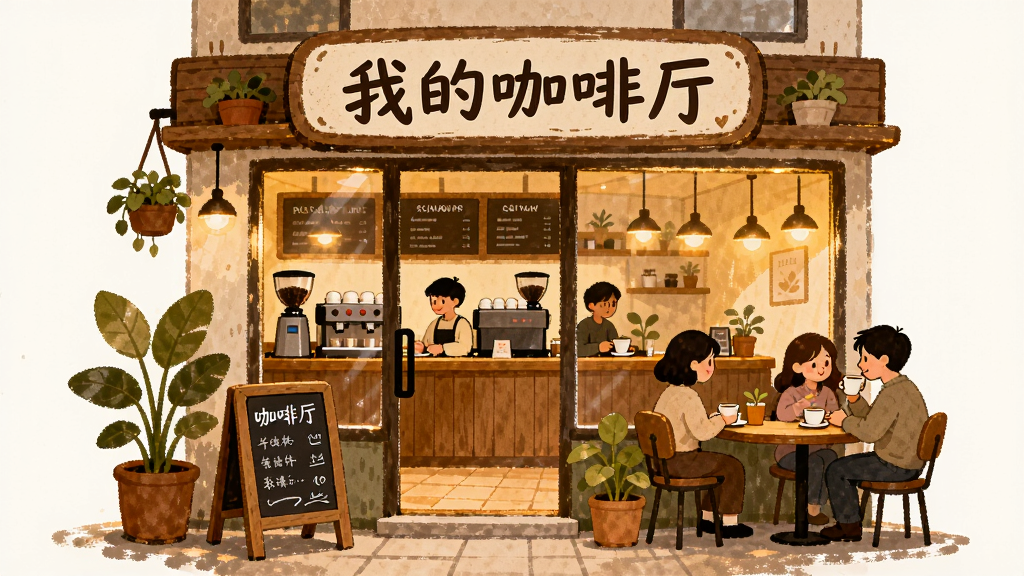 一幅温馨的咖啡厅经营场景插画,画面中央是一间精致的咖啡厅店面,招牌上写着“我的咖啡厅”字样,门口摆放着绿色植物和小黑板菜单,透过玻璃窗可以看到内部温暖的灯光和吧台,几位顾客正在座位上品尝咖啡,整体采用暖色调,手绘风格,细节丰富,画质清晰干净,无多余元素