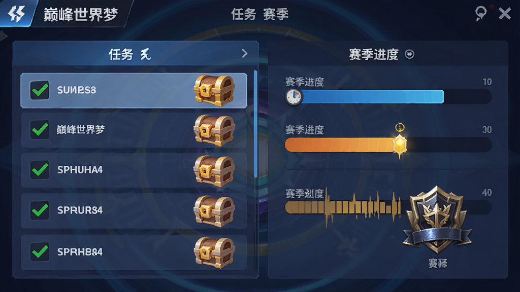 画面展示“巅峰世界梦”任务与赛季界面,主体为任务列表与赛季进度条,布局采用上下分层结构,排版突出奖励图标,风格为明快游戏UI风,细节包括勾选标记、宝箱图标、倒计时、赛季徽章,画质高清,干净,无多余元素