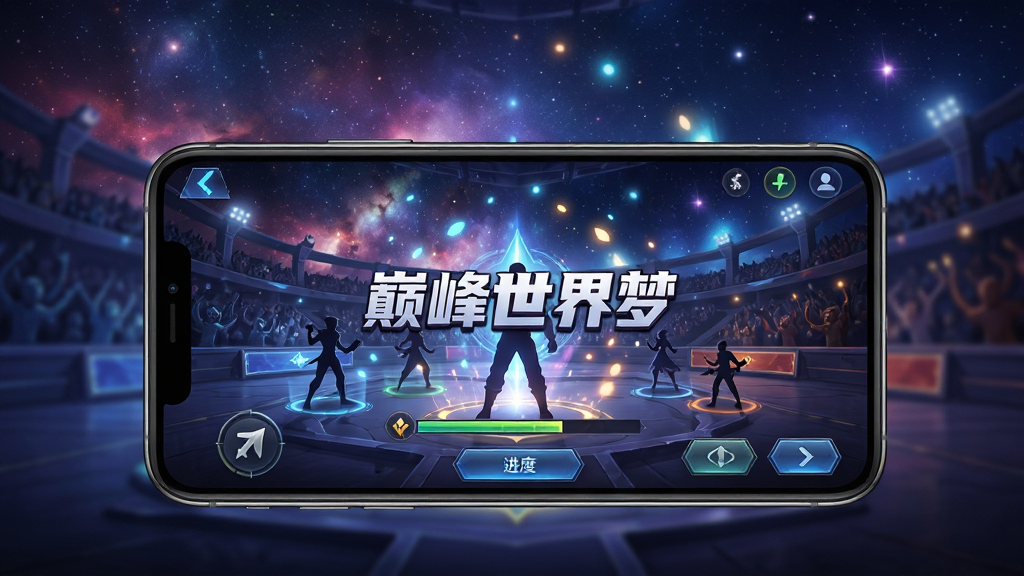画面中央是一部智能手机,屏幕上显示“巅峰世界梦”游戏主界面,背景为绚丽的星空与竞技场融合场景,主体为手机与游戏界面,布局采用居中构图,排版突出手机屏幕内容,风格为科技感与梦幻感结合,细节包括屏幕内角色剪影、光效粒子、进度条与按钮元素,画质高清,干净,无多余元素