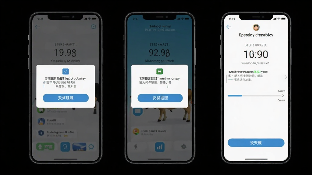 商如牛安卓手机安装步骤示意图,主体为手机屏幕展示安装权限提示与安装进度界面,布局为竖向排列的三个步骤画面,排版清晰,风格简洁说明,细节包含按钮、进度条与提示文字,画质清晰,干净,无多余元素