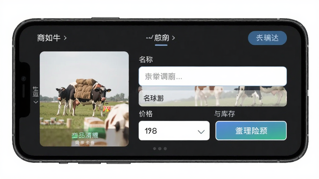 商如牛商品管理功能界面,主体为手机屏幕显示商品编辑页面,布局包含商品图片上传区、名称输入框、价格与库存字段,排版整齐,风格现代简约,细节有按钮、输入框与提示文字,画质清晰,干净,无多余元素