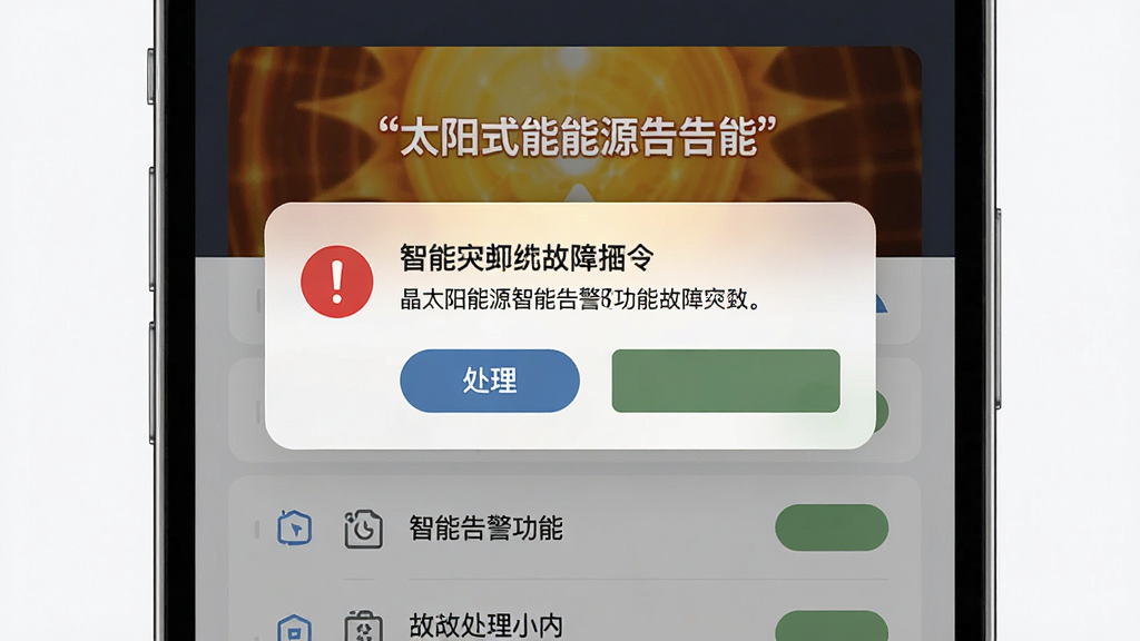 һ����̫����Դ���ܸ澯���ܵĽ���չʾͼ������Ϊ�ֻ���Ļ�����澯֪ͨ��Ƭ������Ϊ����������·��б����Ű��η��������Ϊ��ʾ�Ƽ��磬ϸ�ڰ�����ɫ��̾��ͼ�ꡢ�����������֡�������ť�����������ɾ��޶���Ԫ��