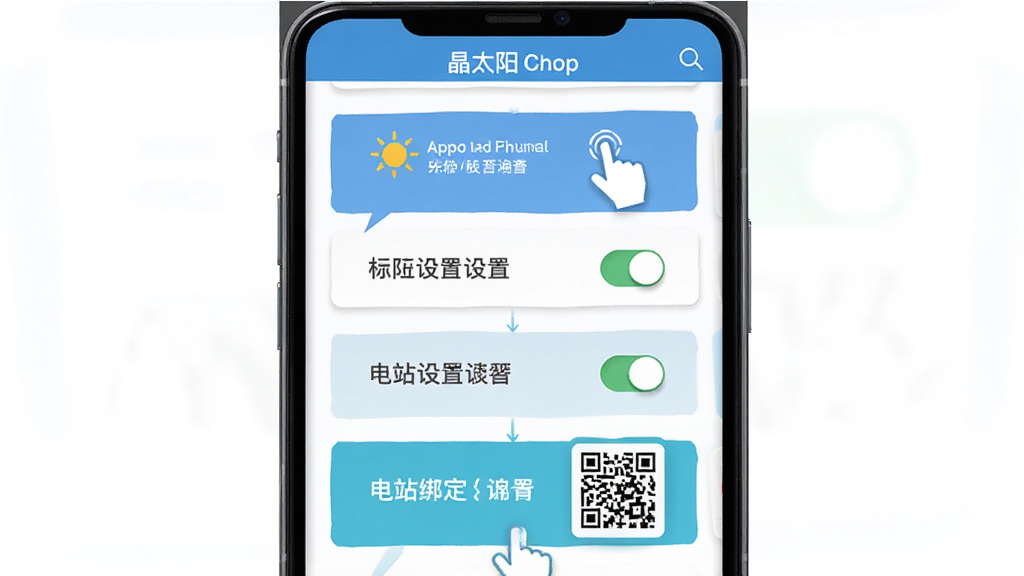 һ���ֻ�չʾ��̫����ԴApp��ʹ��ָ�Ͻ��棬����Ϊ�ֻ���Ļ��ʾ�ֲ�����ͼʾ������Ϊ�����������Ű����������Ϊ��ƽ���̷̳磬ϸ�ڰ�����ָ���ͼ�ꡢȨ�����ÿ��ء���վ�󶨶�ά�룬���ʸ���ɾ��޶���Ԫ��