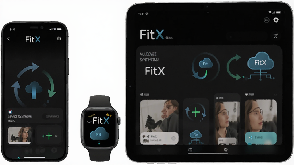 һ��չʾFitX���豸ͬ�����ܵĳ���ͼ����������Ϊ�ֻ��������ֱ���ƽ�����ͬʱ��ʾFitX���棬���ֲ��������ι�ͼ�����Ƽ���ʮ�㣬ϸ�ڰ���ͬ����ͷ���ƶ�ͼ�꣬�����������ɾ����޶���Ԫ��