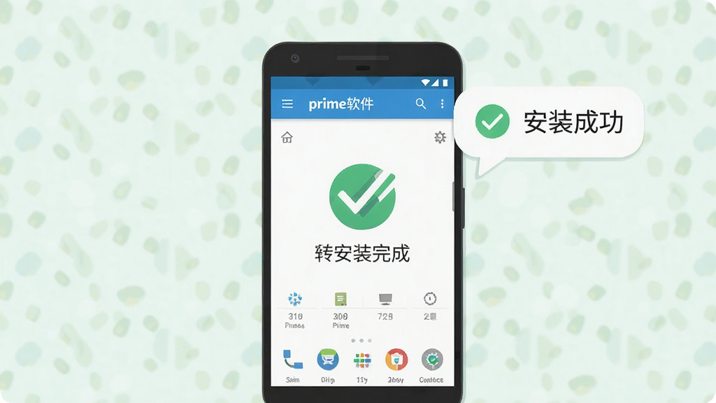 一部安卓手机显示Prime软件安装完成后的主界面,旁边有提示气泡写着“安装成功”,主体为手机与提示信息,布局居中,排版简洁,风格扁平插画,细节包含绿色对勾图标与浅色背景,画质高清,干净,无多余元素