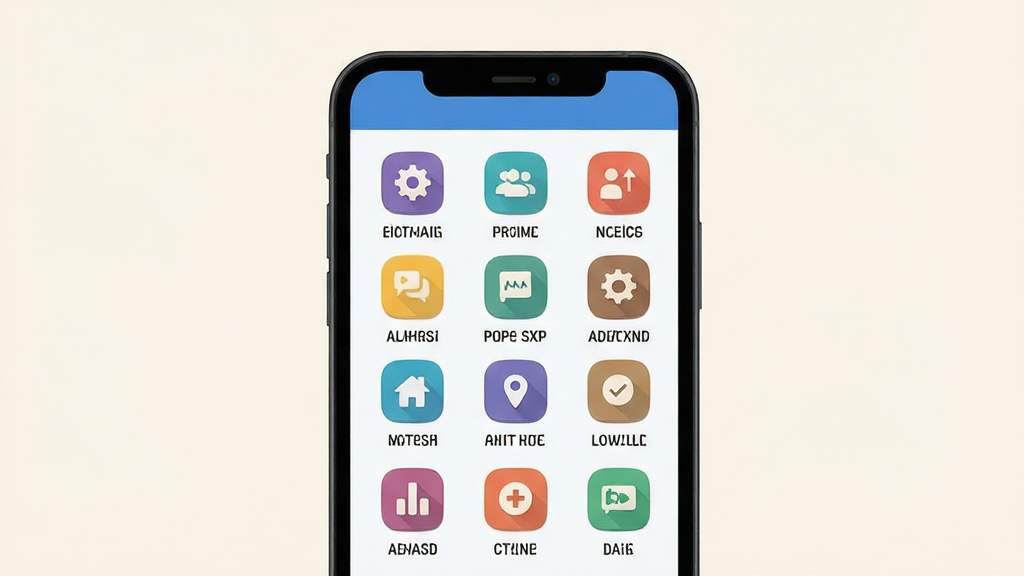 Prime软件功能分区示意图,画面中央是一部手机,屏幕中展示清晰的图标网格与文字标签,主体为手机界面,布局上下分层,排版整齐,风格扁平化插画,细节包含不同颜色的功能图标与浅色背景,画质高清,干净,无多余元素