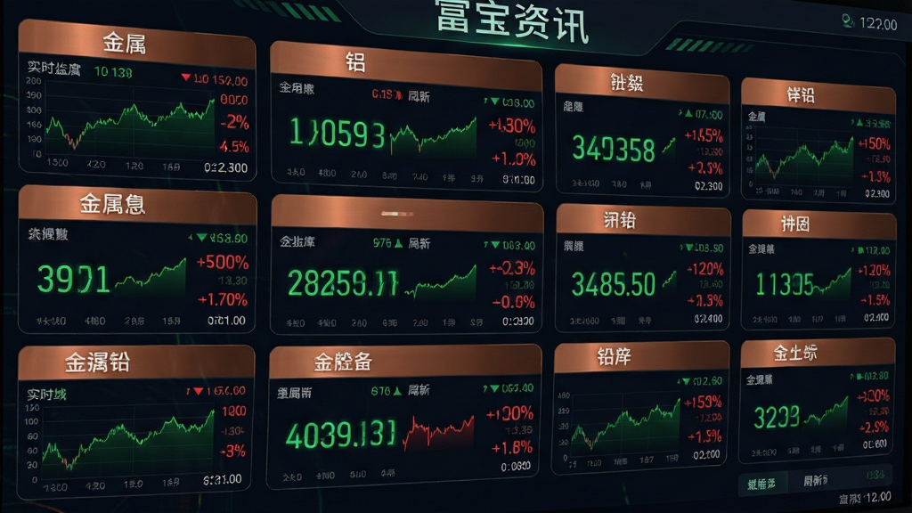主体为数据大屏风格的行情监控界面,布局为多列价格卡片整齐排列,排版以铜、铝、铅、锌等金属名称为分类标签,风格为深色背景搭配荧光绿与红色数字的金融科技风,细节包含实时折线图、涨跌百分比和刷新时间戳,画质高清,画面干净,无多余元素,图片中文字标注“富宝资讯”