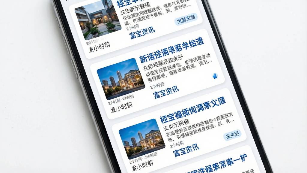 主体为手机屏幕展示资讯文章列表,布局为上下滑动式卡片排列,排版以标题和摘要文字为主,风格为清爽白底搭配蓝色主题色,细节包含新闻缩略图、发布时间和来源标签,画质高清,画面干净,无多余元素,图片中文字标注“富宝资讯”