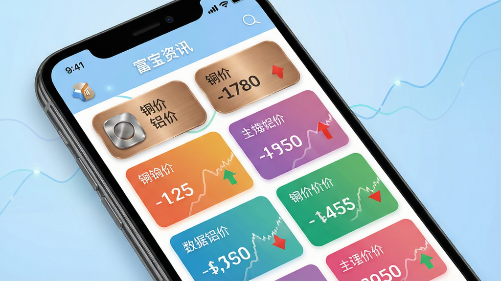 主体为一部智能手机,屏幕中显示富宝资讯APP的行情列表界面,包含铜价铝价等彩色报价卡片,背景为浅蓝色渐变,布局为手机居中倾斜展示,排版简洁清晰,风格为现代科技感扁平化设计,细节包括金属质感图标、数据曲线和红绿涨跌箭头,画质高清,画面干净,无多余元素,图片中文字标注“富宝资讯”