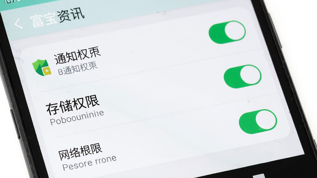 主体为一部安卓手机展示富宝资讯APP的权限设置界面,布局为手机竖屏特写,排版以权限开关列表为主,风格为简洁明了的系统设置风格,细节包含通知权限、存储权限和网络权限的开关按钮,画质高清,画面干净,无多余元素,图片中文字标注“富宝资讯”