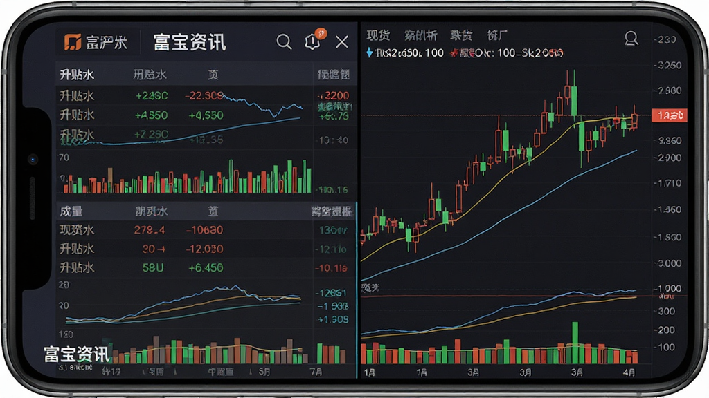 主体为手机屏幕分屏显示现货价格与期货K线图,布局为上下两栏对比展示,排版以数据表格和蜡烛图为主,风格为专业金融分析界面风格,细节包含升贴水数值、成交量柱状图和均线指标,画质高清,画面干净,无多余元素,图片中文字标注“富宝资讯”