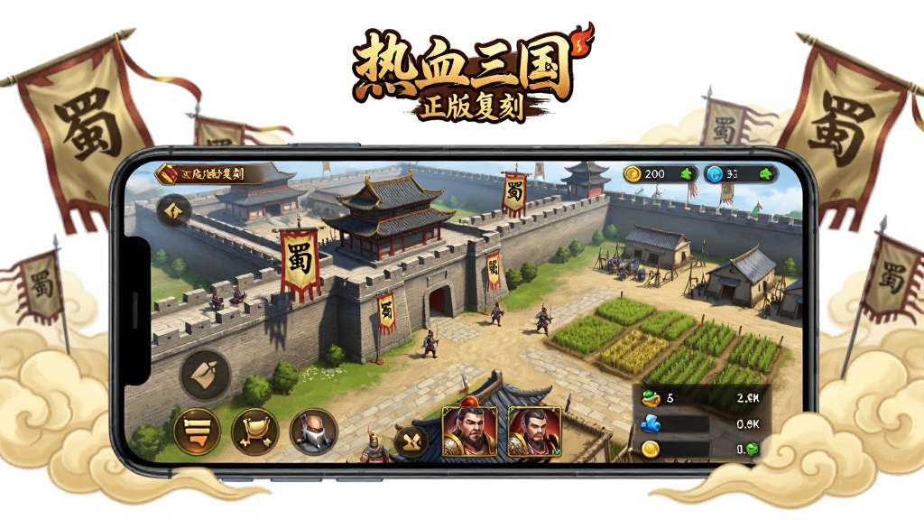 主体为一部横向放置的安卓智能手机,屏幕内展示“热血三国(正版复刻)”的游戏主城界面,包含中式古城墙、兵营、农田与武将头像;布局采用中心构图,手机居中,四周环绕淡金色祥云与战旗装饰;排版上保持画面平衡,上方留白用于放置游戏Logo;风格为中国风写实CG插画;细节包括城墙上巡逻的士兵、飘动的“蜀”字旗帜、界面按钮与资源栏清晰可见;画质为2K高清、干净、无多余元素。