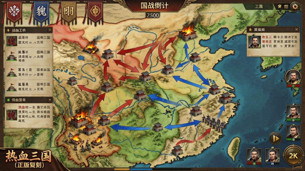 主体为一张巨大的三国大地图,地图上标注着魏、蜀、吴三个阵营的势力范围,多座城池之间用红色与蓝色箭头表示进攻路线;布局为全屏地图展示,上方有联盟旗帜与国战倒计时;排版上地图占据主体,四周环绕战报弹窗与武将头像;风格为古代军事沙盘与游戏UI结合;细节包括燃烧的城池、行军的士兵队列、地图边缘的“热血三国(正版复刻)”标志;画质为2K、干净、无多余元素。