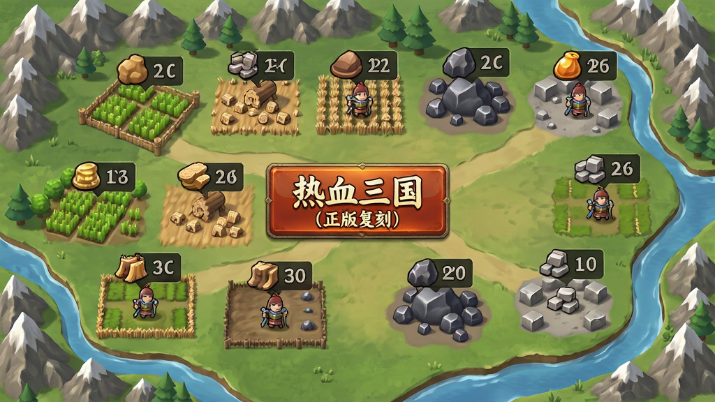 主体为一片丘陵与平原交界的三国野外地图,地图上分布着农田、伐木场、铁矿与石料场,每块野地上方悬浮着资源图标与等级数字;布局为俯视视角的沙盘式地图,四周有山脉与河流环绕;排版上资源点均匀分布,中心位置突出“热血三国(正版复刻)”的占领按钮;风格为Q版写实策略地图;细节包括不同等级野地的颜色差异、驻守兵力小图标;画质为高清、干净、无多余元素。