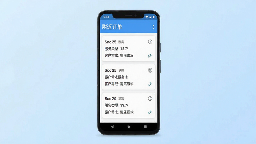 一张展示锁匠达软件附近订单推送功能的手机界面预览图,画面中央是一部竖屏安卓手机,手机屏幕显示着附近订单列表,每个订单卡片上标注了距离、服务类型和客户需求简述,页面顶部有