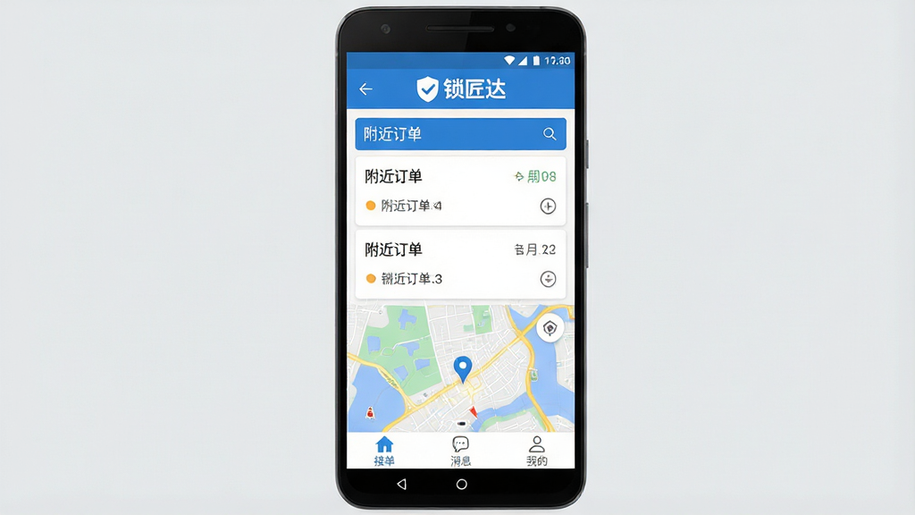 一张展示锁匠达软件首页界面的手机应用截图预览图,画面中央是一部竖屏安卓手机,手机屏幕上显示着锁匠达APP的主页,页面顶部有
