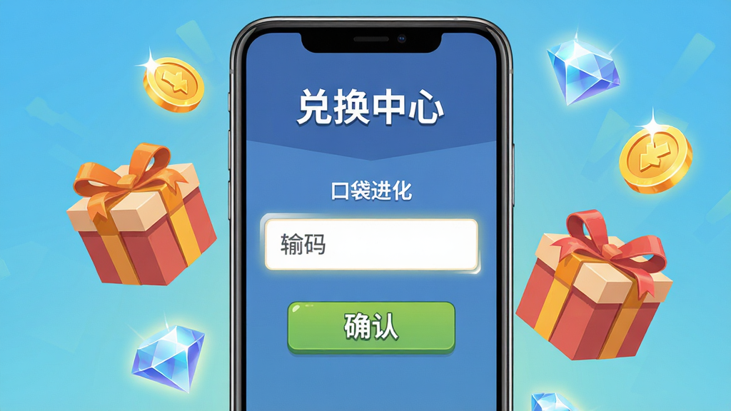 画面为手机屏幕显示兑换码输入界面,界面上有输入框和确认按钮,周围漂浮着礼包盒与金币钻石图标,布局为手机居中、上方有“兑换中心”字样,排版简洁明了,风格为扁平化游戏UI,细节包括输入框的高光、礼包盒的丝带、金币的反光质感,画质高清,干净无多余元素,画面中文字标注“口袋进化”
