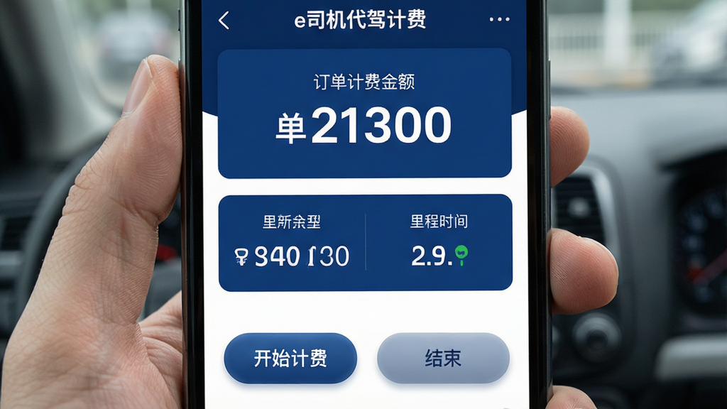手机屏幕中央显示“e司机代驾计费”应用主界面,界面布局为顶部显示订单计费金额大字,中部为里程与时间统计模块,底部为开始计费与结束计费按钮,整体采用深蓝色与白色搭配的商务风格,细节上包含计价器数字清晰可见、按钮圆润有质感,画质清晰干净,无多余元素