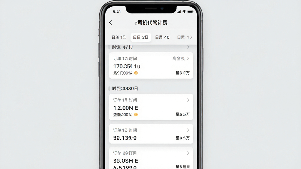 手机屏幕展示“e司机代驾计费”历史订单列表页,画面主体为按日期分组的订单卡片列表,布局为纵向滚动列表,风格为素雅极简浅灰底色,细节上每张卡片显示订单时间、金额与里程数,顶部有日期筛选栏,画质清晰,干净利落