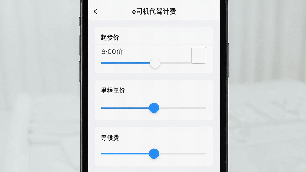 手机屏幕显示“e司机代驾计费”设置页面,画面主体为费率参数设置表单,布局为纵向排列的输入框与滑块,风格为清爽浅色商务风,细节上包含起步价、里程单价、等候费三个主要设置项,画质清晰,画面干净无多余元素