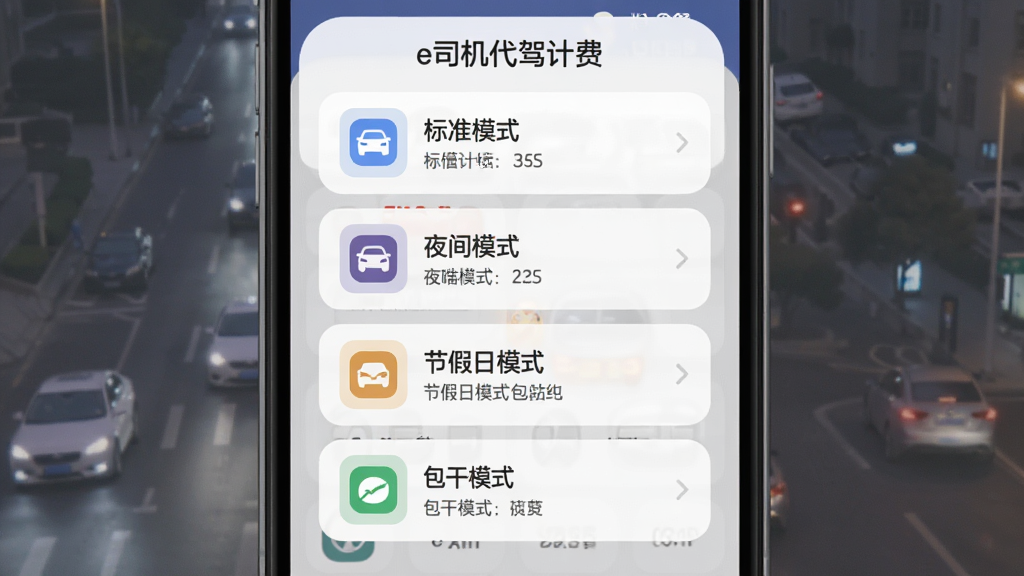 手机屏幕展示“e司机代驾计费”模式选择弹窗,弹窗内排列着标准模式、夜间模式、节假日模式与包干模式四个选项卡片,布局为纵向列表,风格为柔和圆角浅色系,细节上每个卡片带有对应图标与简短说明文字,画质清晰,画面干净无杂乱元素