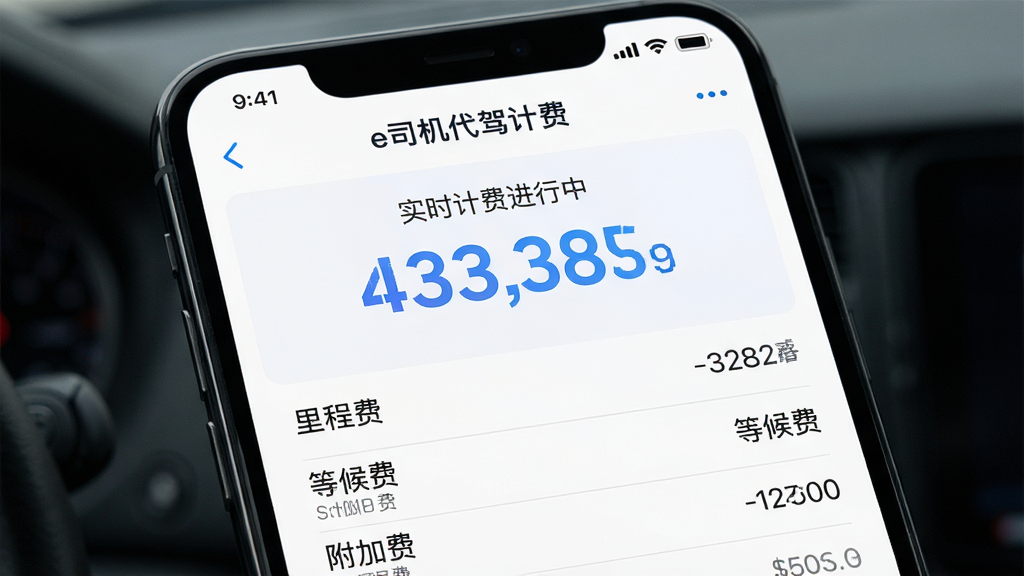 手机屏幕显示“e司机代驾计费”实时计费进行中界面,画面主体为一块大字号金额显示区域,下方以列表形式展示里程费、等候费、附加费等明细,布局为上下结构,风格为现代简约白色背景配蓝色强调色,细节上数字跳动感明显、列表线条细腻,画质高清,无多余元素