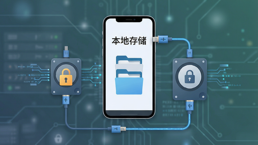 一张表现PPGA数据本地化存储概念的示意图,主体为手机与本地硬盘图标通过数据线连接,屏幕内显示