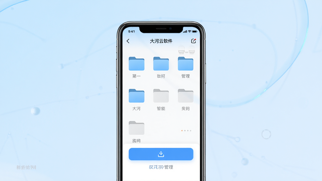 一张展示大河云软件主界面的图片,画面中央是手机屏幕,屏幕内显示大河云的文件管理界面,有文件夹图标和上传按钮,背景是简洁的浅蓝色渐变,风格清新科技感,细节清晰,画质干净,无多余元素