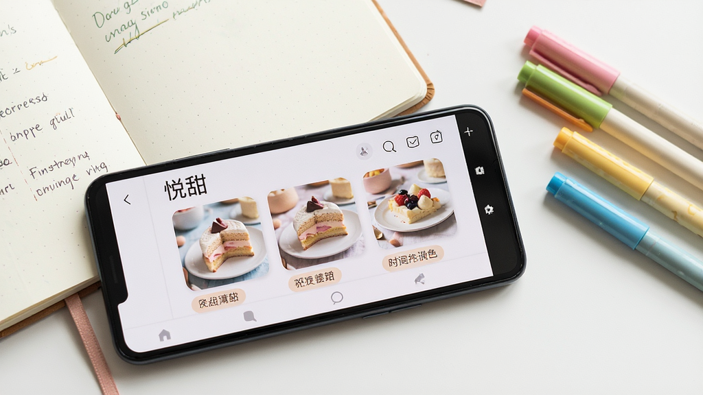 一张生活记录类应用场景图,画面主体是一部横向放置的安卓手机,屏幕内展示“悦甜”的时间线记录页面,页面上排列着多张甜品照片与文字标签,手机旁边散落着一本手账本和几支彩色笔,布局采用左文右图排版,风格温馨自然,细节上突出卡片圆角与柔和配色,画质清晰,背景干净