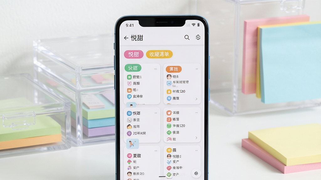 一张清单管理功能展示图,画面中央是一部安卓手机,屏幕内显示“悦甜”的收藏清单页面,页面上有多个彩色标签分类与排列整齐的条目卡片,手机后方放置几个透明收纳盒与彩色便签纸,布局采用中心构图,风格简约清新,细节上强调标签颜色与卡片层次,画质干净清晰,无杂乱元素