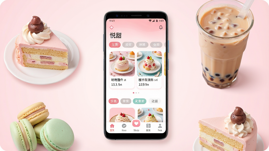一张手机应用商店风格的展示图,画面中央是一部竖屏安卓手机,手机屏幕上显示“悦甜”应用的主界面,界面中包含甜品卡片、分类标签与底部导航栏,手机周围放置几块马卡龙色系的蛋糕与一杯奶茶,背景为浅粉色渐变,整体布局居中对称,风格清新甜美,细节上强调圆角图标与柔和阴影,画质清晰干净,无多余元素