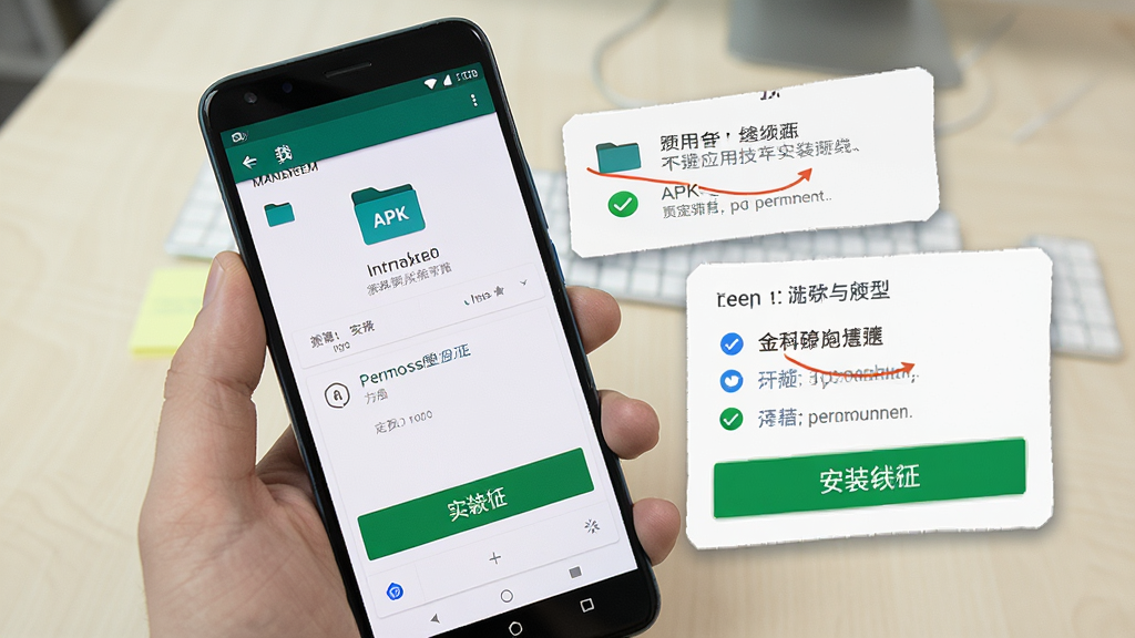 一张安卓手机安装应用的操作示意图,画面主体是一只手拿着手机,屏幕上显示文件管理器中的 APK 安装界面,旁边以浮层形式展示权限开启与安装确认按钮,布局采用斜向构图,风格写实清晰,细节上强调安装按钮与提示文字,画质干净,背景为浅色桌面