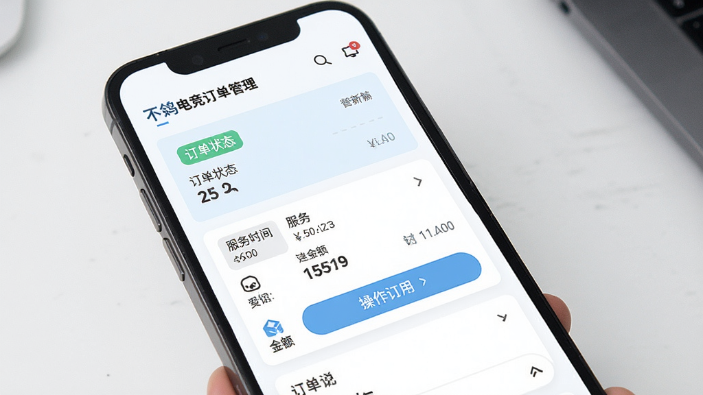 一张展示不鸽电竞订单管理页面的图片,画面为手机屏幕内显示订单列表与订单详情卡片,卡片中包含订单状态标签、服务时长、金额与操作按钮,背景为白色搭配浅蓝色模块,布局简洁,风格商务清爽,细节清晰,画质高清,干净无多余元素。