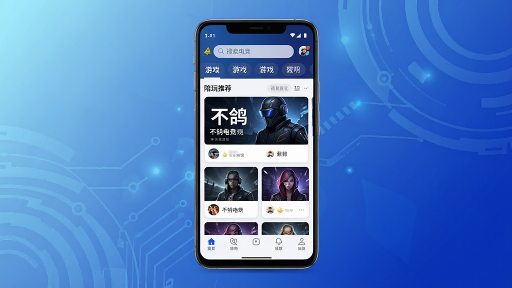 一张展示不鸽电竞APP首页界面的手机样机图,画面中央是一部竖屏安卓手机,屏幕内显示不鸽电竞主页面,顶部有搜索栏与游戏分类标签,中部为陪玩推荐卡片列表,底部为导航栏,背景为浅蓝到深蓝的渐变科技风格,整体布局干净整洁,风格现代简约,细节清晰,画质高清,干净无多余元素。